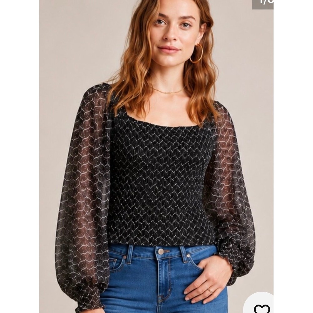 Anthropologie Black White Smocked Square Neck Balloon Sleeve Top Medium